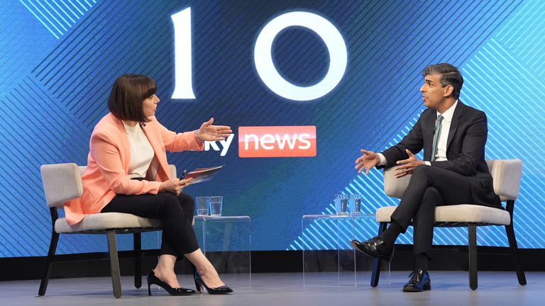 Rishi Sunak, during a Sky News election event with Sky's political editor Beth Rigby, in Grimsby. Pic: Stefan Rousseau/PA Wire
