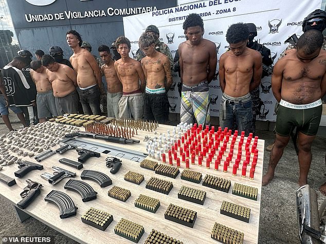 Gang violence has seen murder rates soar in Ecuador (pictured: handout photo of individuals detained after gang clashes in Guayaquil)
