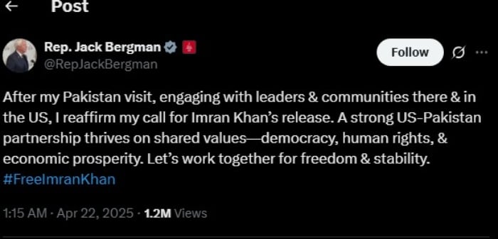 Congressman Jack Bergmans post on social media platform X, on April 22, 2025. — X/@RepJackBergman
