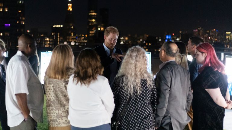 Prince Harry speaks to families at the unveiling of the Lost Screen Memorial in New York. Pic: Emil Cohen for The Archewell Foundation