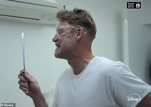 Flintoff is seen looking at the reconstructive work in a mirror as part of the documentary trailer