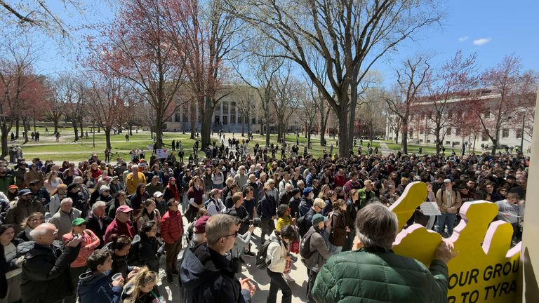 Students, faculty and members of the Harvard University community rally against Donald Trump's funding  policies, Thursday, April 17, 2025, in Cambridge, Mass. (AP Photo)