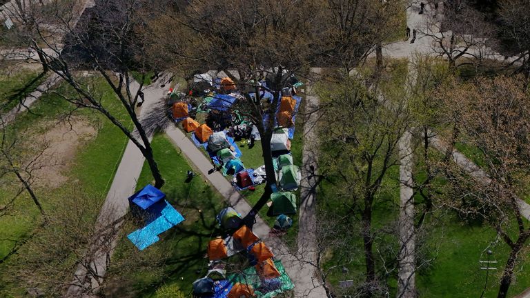 A drone view shows an encampment at Harvard University where students protest in support of Palestinians in Cambridge, Massachusetts.
Pic: Reuters