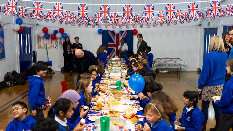 Primary school children at a buffet brunch to launch VE Day 80 at Hermitage Primary School in London. The public are being urged to start planning their VE Day celebrations, as details of the official community programme are set out for the first time. Community celebrations will be focused on the Bank Holiday Monday May 5, with millions expected to join in. Picture date: Monday February 3, 2025.