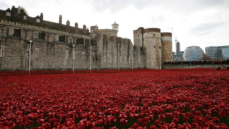 Crowds view the ceramic poppies that form part of the art installation "Blood Swept Lands and Seas of Red" during Armistice Day at the Tower of London in London November 11, 2014. REUTERS/Stefan Wermuth (BRITAIN - Tags: ANNIVERSARY CONFLICT MILITARY TPX IMAGES OF THE DAY)