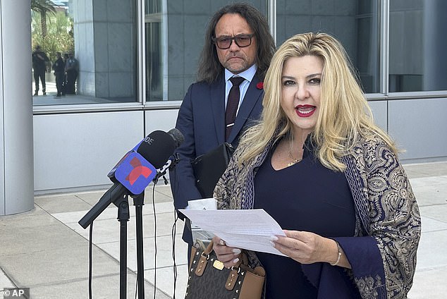 Michele Fiore, a Pahrump, Nev., judge who ran unsuccessfully for state treasurer in 2022, speaks to reporters outside U.S. District Court in Las Vegas