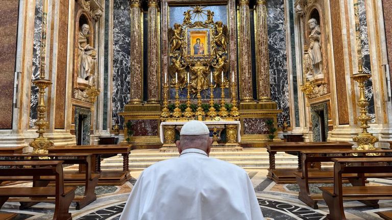 "This afternoon Pope Francis went to the Basilica of Santa Maria Maggiore on the eve of Palm Sunday and Holy Week and prayed before the icon of the Virgin, Salus Populi Romani"

(Find pic attached - source: Holy See Press Office)