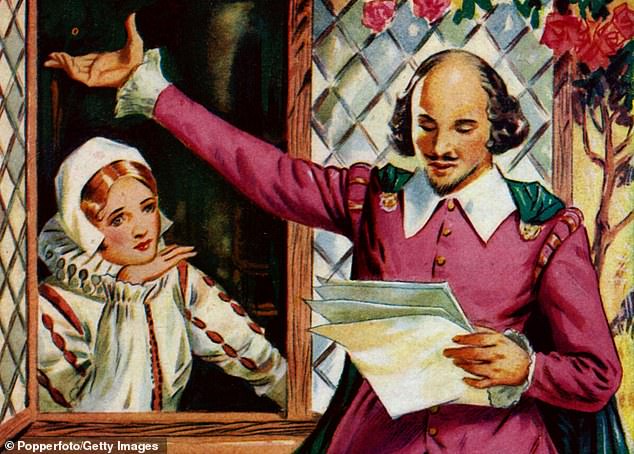 Until now, it has been believed that Shakespeare left Anne, whose maiden name was Hathaway, in Stratford-upon-Avon so he could spend all his time in London without her. Pictured: A colour illustration showing William Shakespeare and Anne Hathaway