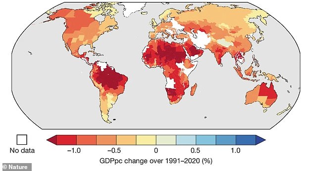 This map shows average annual GDP per capita change in regions resulting from heat extremes driven by the combined emissions of the top five companies