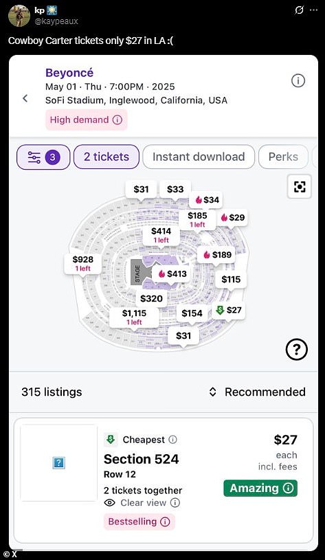 Another fan pointed out that some seats for the SoFi Stadium show were going for $27