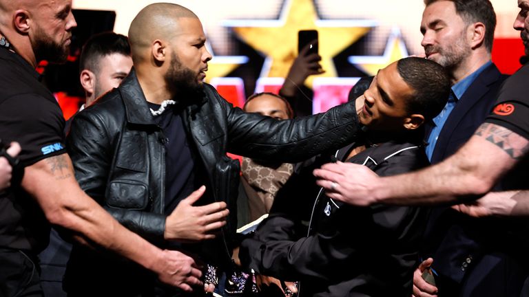 Chris Eubank Jr strikes Conor Benn with an egg during a press conference in February. Pic: PA
