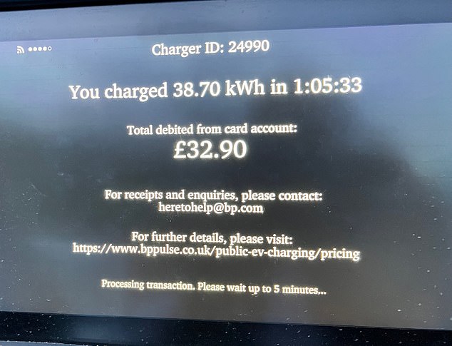 An hour-long charge cost £32.90 while out on the road