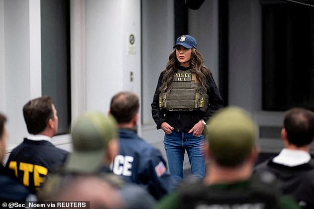Homeland Security Sec. Kristi Noem donning a tactical vest before a raid on illegal immigrants