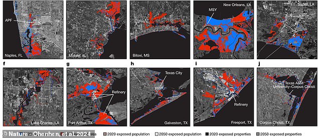 Along the Gulf coast, cities like New Orleans in Louisiana, Galveston in Texas and nine more metropoles face potentially devastating risks as well. The study estimated 319 square-miles of crowded Gulf cityscapes (marked in red above for the 2050 estimates) may be at risk