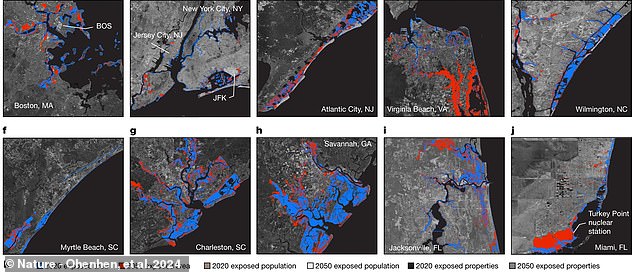The research team, led by geochemists at Virginia Tech, calculated the Atlantic's roughly 370 square-miles of at-risk urban landscape (in red above), as well as the at-risk Gulf and Pacific coast regions, using satellite imagery and laser-measured LiDAR