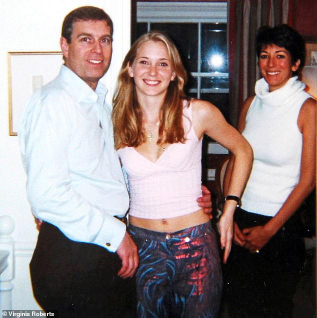 Giuffre claimed she was sexually abused by Prince Andrew at the behest of Epstein's associate, jailed British socialite Ghislaine Maxwell, when she was just 17. She is seen here alongside the pair