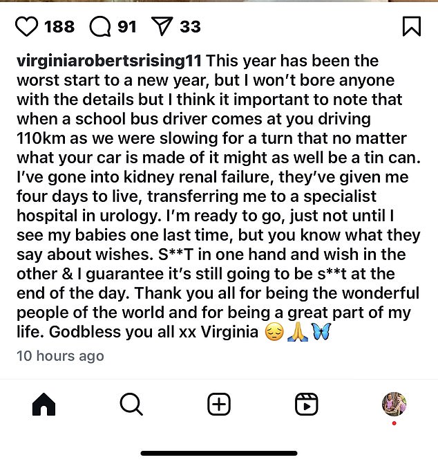 Following the bombshell Instagram post (caption pictured), Brad Edwards, a US lawyer who represented Giuffre in her previous legal cases, said it was a 'very bad situation'