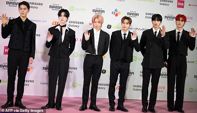 Just B, which is comprised of six members and has released five EPs, are pictured at the 2023 Mama Awards at the Tokyo Dome in November of that year