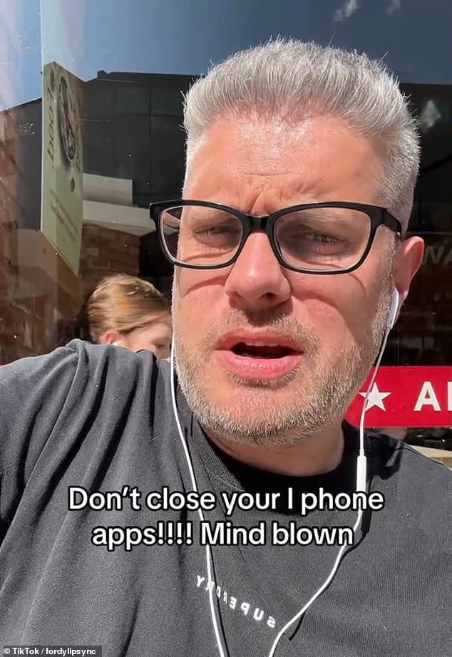 In his viral clip, he said: 'Every time you close your apps, it uses data and battery to open them up again. 'I was like, how am I only just finding this out?'