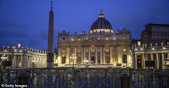 VATICAN CITY, VATICAN - APRIL 25: A general view shows the St Peter's Basilica, on April 25, 2025 in Vatican City, Vatican. Pope Francis, who died on April 21 aged 88, is lying in state for a final day ahead of tomorrow's funeral in St. Peter's Square. (Photo by Antonio Masiello/Getty Images)