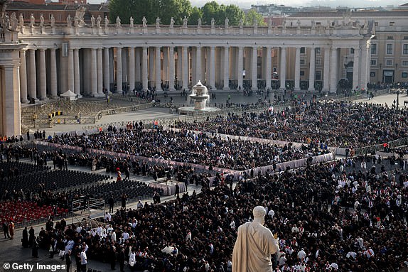 VATICAN CITY, VATICAN - APRIL 26: A general view of St. Peter's Square during Pope Francis's Funeral on April 26, 2025 in Vatican City, Vatican. Pope Francis died on April 21st at the age of 88. Born in Argentina as Jorge Mario Bergoglio, he was the first Latin American and the first Jesuit to become Pope when elected in 2013. Taking the name Francis after St Francis of Assisi, he promoted a more humble version of the papacy than many of his predecessors. He will be buried outside of the Vatican in a simple wooden coffin at the Basilica Santa Maria Maggiore. (Photo by Dan Kitwood/Getty Images)