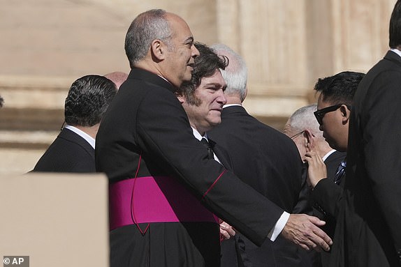 Argentina's President Javier Milei arrives for the funeral of Pope Francis in St. Peter's Square at the Vatican, Saturday, April 26, 2025. (AP Photo/Alessandra Tarantino)