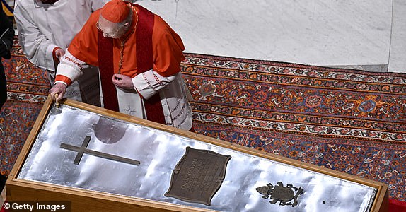 VATICAN CITY, VATICAN - APRIL 25: (EDITOR NOTE: STRICTLY EDITORIAL USE ONLY - NO MERCHANDISING) Cardinal Kevin Farrell presides in St. Peter's Basilica at the Rite of Sealing of the Coffin of the late Pope Francis, ahead of the papal funeral on Saturday morning, on April 25, 2025 in Vatican City, Vatican. Pope Francis, who died on April 21 aged 88, is lying in state for a final day ahead of tomorrow's funeral in St. Peter's Square. (Photo by Simone Risoluti - Vatican Media via Vatican Pool/Getty Images)