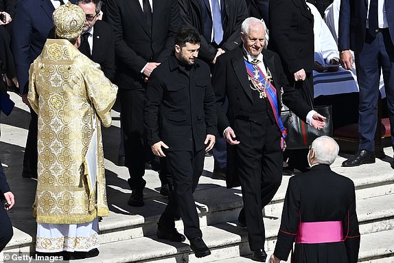 VATICAN CITY, VATICAN - APRILÂ 26: Ukraine's President Volodymyr Zelensky arrives at the funeral of Pope Francis in St. Peter's Square on April 26, 2025 in Vatican City, Vatican. Pope Francis died on April 21st at the age of 88. Born in Argentina as Jorge Mario Bergoglio, he was the first Latin American and the first Jesuit to become Pope when elected in 2013. Taking the name Francis after St Francis of Assisi, he promoted a more humble version of the papacy than many of his predecessors. He will be buried outside of the Vatican in a simple wooden coffin at the Basilica Santa Maria Maggiore.  (Photo by Antonio Masiello/Getty Images)