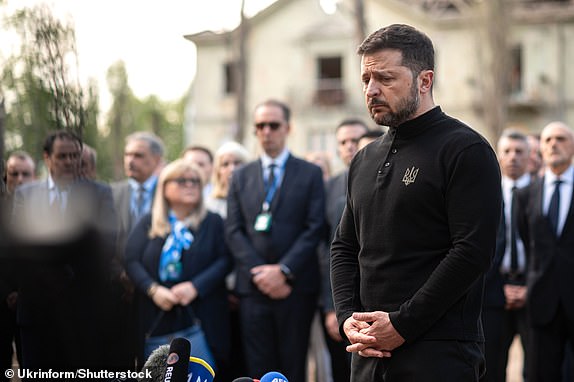 This photo cannot be distributed in the Russian Federation. Mandatory Credit: Photo by Ukrinform/Shutterstock (15270489m) President of Ukraine Volodymyr Zelenskyy holds a briefing after the ceremony to pay tribute to 12 people killed by the Russian ballistic missile in the Sviatoshynskyi district on April 24, Kyiv, Ukraine, April 25, 2025. (Photo by Danylo Antoniuk/Ukrinform) President Volodymyr Zelenskyy pays tribute to victims of April 24 Russian missile attack on Kyiv, Ukraine - 25 Apr 2025
