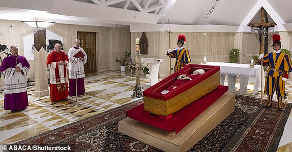 Mandatory Credit: Photo by ABACA/Shutterstock (15264357i) The rite confirming the death and the placement of Pope Francis's body in the coffin took place on the evening of Monday 21 April 2025 in the ground-floor chapel of the Casa Santa Marta where the pope lived at the Vatican. The official declaration of death was read aloud. The act was validated by Cardinal Kevin Farrell (2nd from left), Camerlengo of the Holy Roman Church. The ceremony lasted just under an hour. Rite Confirming The Death Of Pope Francis - Vatican, Rome, Italy - 21 Apr 2025