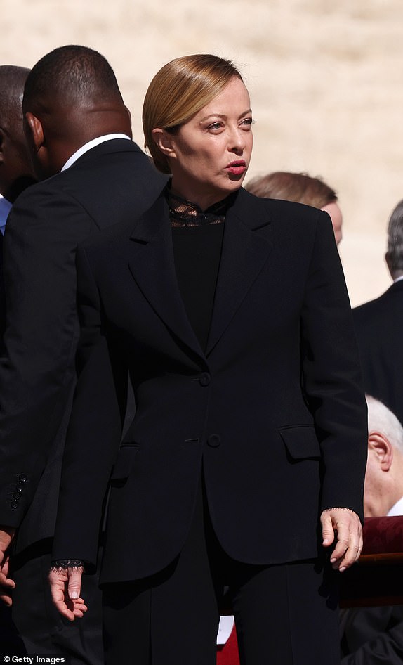 VATICAN CITY, VATICAN - APRILÂ 26: Italian Prime Minister Giorgia Meloni arrives at the funeral of Pope Francis in St. Peter's Square on April 26, 2025 in Vatican City, Vatican. Pope Francis died on April 21st at the age of 88. Born in Argentina as Jorge Mario Bergoglio, he was the first Latin American and the first Jesuit to become Pope when elected in 2013. Taking the name Francis after St Francis of Assisi, he promoted a more humble version of the papacy than many of his predecessors. He will be buried outside of the Vatican in a simple wooden coffin at the Basilica Santa Maria Maggiore.  (Photo by Franco Origlia/Getty Images)