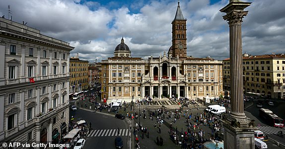 EDITORS NOTE: Graphic content / This photograph shows a view of Santa Maria Maggiore Basilica, where the Pope will be buried after his funeral in the Vatican, in Rome, on April 25, 2025. The Vatican on April 25, 2025, said over 128,000 people have already paid their respects to Pope Francis, whose body is lying in state in St Peter's Basilica ahead of his funeral. (Photo by Piero CRUCIATTI / AFP) (Photo by PIERO CRUCIATTI/AFP via Getty Images)