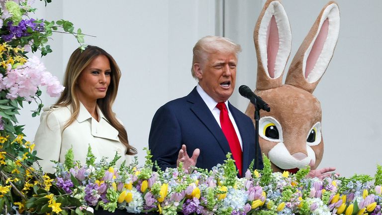 U.S. President Donald Trump and U.S. first lady Melania Trump attend the annual White House Easter Egg Roll, in Washington, D.C., U.S., April 21, 2025. REUTERS/Leah Millis