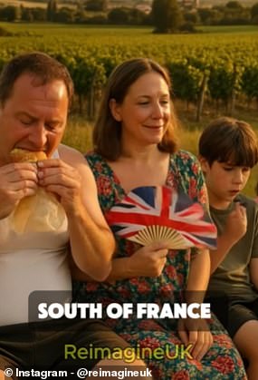 The family of four visiting the South of France includes a middle-aged couple and their two small children, who appear to be sitting in front of a vineyard in the sun