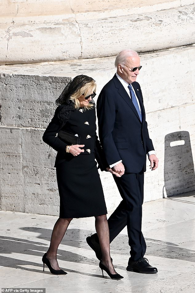 Like Melania, the US' former first lady Jill, 73, also wore a black blazer and skirt for the sombre occasion, as she helped her husband down the steps of the basilica