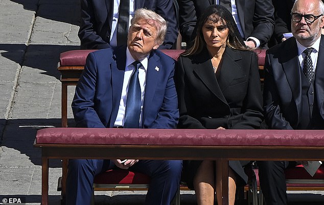 The US President was pride of place at the Pope's funeral on Saturday as he and his wife Melania stood in the front row of hundreds of foreign dignitaries and royalty