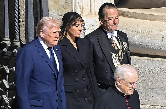 On Saturday, Melania joined her the US president Donald Trump (left), in Vatican City for Pope Francis ' funeral after the Argentine pontiff died on Easter Monday at the age of 88