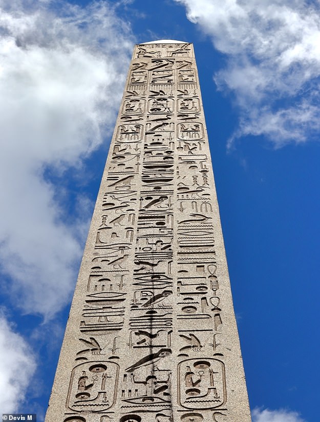 Both feature hieroglyphic text carved in sunken relief on all four sides, spanning their impressive height. Pictured, the Paris obelisk