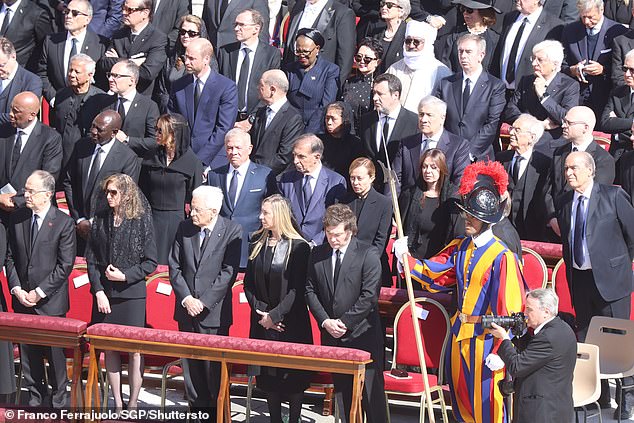 Pope Francis was the first South American pope, and in recognition of his nationality Argentine President Javier Milei (end of front row) was given a front row seat