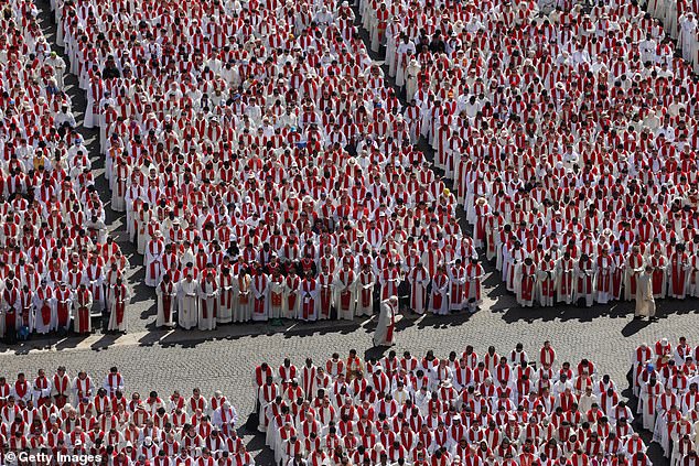 Members of the clergy attend the funeral of Pope Francis in St. Peter's Square on April 26