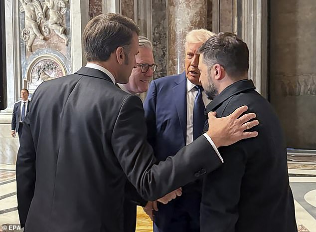 French President Emmanuel Macron, British Prime Minister Keir Starmer, US President Donald J. Trump, and Ukrainian President Volodymyr Zelensky speaking in Saint Peter's Cathedral prior to the funeral