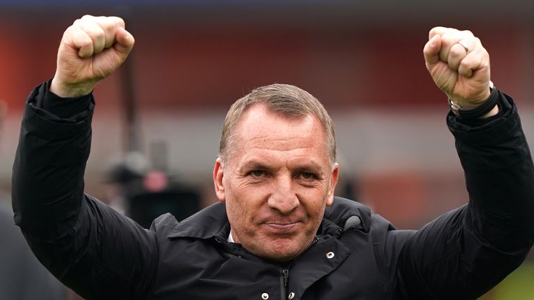 Celtic manager Brendan Rodgers celebrates victory in the William Hill Premiership following the William Hill Premiership match at Tannadice Park, Dundee. Picture date: Saturday April 26, 2025. PA Photo. See PA story SOCCER Dundee Utd. Photo credit should read: Andrew Milligan/PA Wire...RESTRICTIONS: Use subject to restrictions. Editorial use only, no commercial use without prior consent from rights holder.