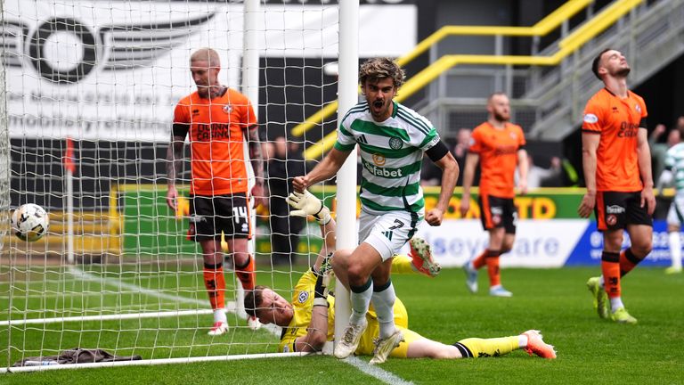 Celtic's Jota celebrates their side's first goal of the game, an own goal scored by Dundee United's Ryan Strain (not pictured), during the William Hill Premiership match at Tannadice Park, Dundee. Picture date: Saturday April 26, 2025. PA Photo. See PA story SOCCER Dundee Utd. Photo credit should read: Andrew Milligan/PA Wire...RESTRICTIONS: Use subject to restrictions. Editorial use only, no commercial use without prior consent from rights holder.