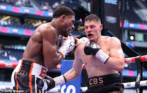 LONDON, ENGLAND - APRIL 26: Chris Billam-Smith and Brandon Glanton exchange punches during the Cruiserweight fight between Chris Billam-Smith and Brandon Glanton as part of the Fatal Fury - Fight Night at Tottenham Hotspur Stadium on April 26, 2025 in London, England. (Photo by Richard Pelham/Getty Images)