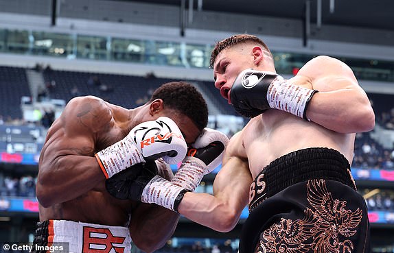 LONDON, ENGLAND - APRIL 26: Chris Billam-Smith punches Brandon Glanton during the Cruiserweight fight between Chris Billam-Smith and Brandon Glanton as part of the Fatal Fury - Fight Night at Tottenham Hotspur Stadium on April 26, 2025 in London, England. (Photo by Richard Pelham/Getty Images)