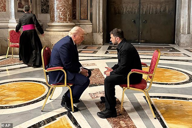 Before the funeral began, Trump was pictured in an intimate conversation with Ukrainian President Volodymyr Zelensky