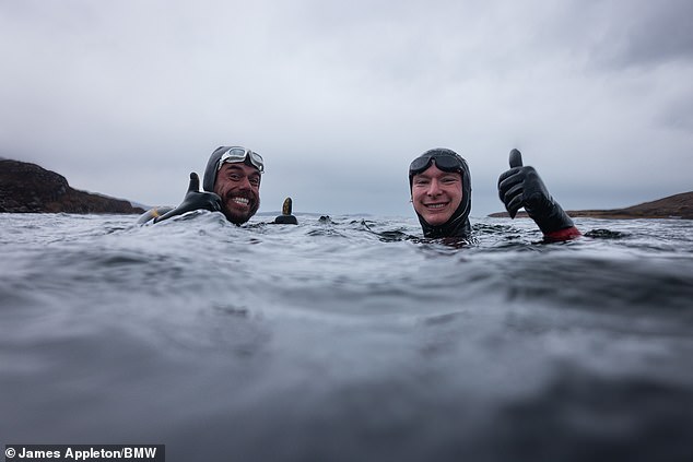 MailOnline's Wiliam Hunter (right) joined Ross Edgely (left) for a day of training on the Scottish coast to see what it takes to swim around an entire country
