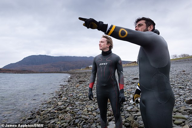 MailOnline's Wiliam Hunter (left) met Ross (right) on a remote beach near Ullapool, a village perched above the North Atlantic where he has been training for months