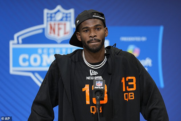 Colorado QB Shedeur Sanders speaks during a press conference at the scouting combine