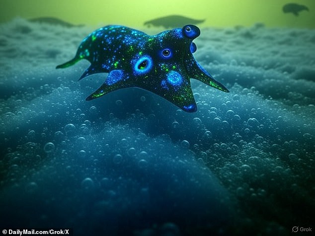 After billions of years of evolution, Grok then predicted that these creatures would grow into large marine animals that were a fusion between a dolphin and octopus